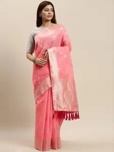 VASTRANAND Pink & Silver-Toned Woven Design Saree