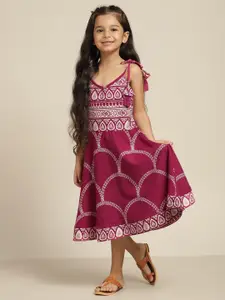 Sangria Girls Red & White Ethnic Print Fit & Flare Dress
