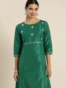all about you Women Green Embroidered A-Line Midi Dress