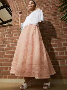 Global Desi Women Peach & Off White Printed Paneled Flared Skirt