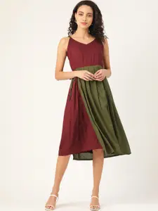 The Dry State Women Maroon & Olive Green Layered Colourblocked A-Line Dress