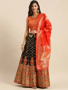 Shaily Coral & Black Woven Design Semi-Stitched Lehenga & Blouse with Dupatta