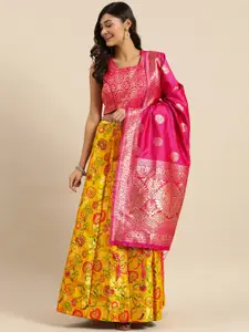 Shaily Mustard Yellow & Pink Zari Silk Blend Semi-Stitched Lehenga & Blouse with Dupatta