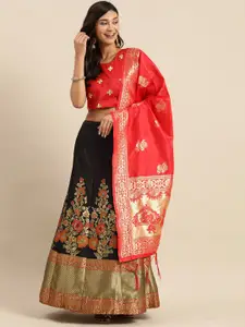 Shaily Red & Black Woven Design Semi-Stitched Lehenga & Unstitched Blouse with Dupatta