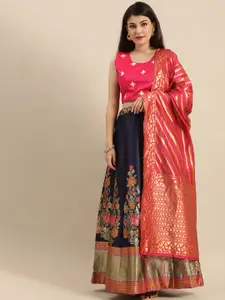 Shaily Pink & Navy Blue Woven Design Semi-Stitched Lehenga & Blouse with Dupatta