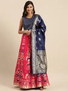 Shaily Navy Blue & Pink Woven Design Semi-Stitched Lehenga & Blouse with Dupatta
