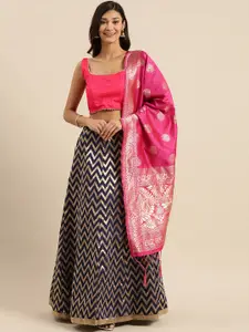 Shaily Navy Blue & Pink Solid Semi-Stitched Lehenga & Unstitched Blouse with Dupatta
