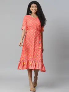 Rangriti Women Coral Pink & White Liva Checked A-Line Dress With Belt