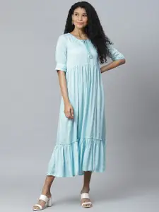 Rangriti Women Blue & White Printed Fit and Flare Dress