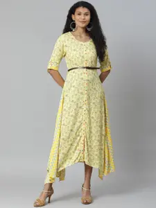 Rangriti Yellow & Blue Suzani Ikat Print Liva Asymmetric Maxi Dress With Belt