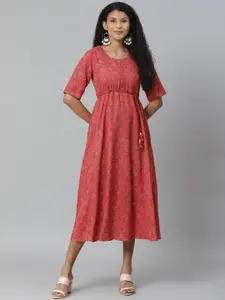 Rangriti Women Red Printed A-Line with Belt