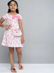 YK Infant Girls White Striped & Flamingo Print Pure Cotton A-Line Dress with Bow Detail