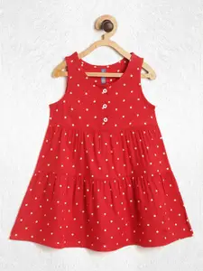 YK Infant Girls Red & White Polka Dot Print Tiered Pure Cotton A-Line Dress