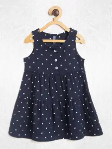 YK Infant Girls Navy Blue & White Polka Dot Print Tiered Pure Cotton A-Line Dress