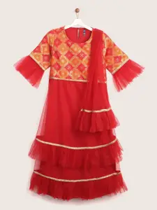 YK Girls Navy Red & Orange Woven Design Maxi Dress with Dupatta