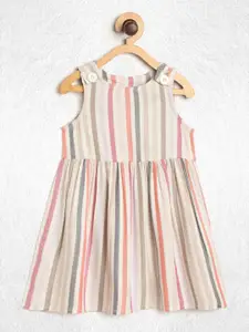 YK Infant Girls Beige & Orange Striped Pure Cotton A-Line Dress