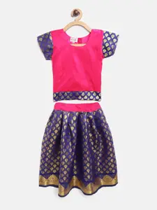 BownBee Girls Navy Blue & Pink Silk Woven Design South Indian Pavda Pattu Lehenga Choli