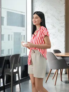 Tokyo TalkiesWomen Red & White Regular Fit Striped Sleep Shirt