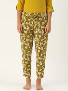Enamor Women Mustard Yellow Charcoal Grey Floral Print Relaxed Fit Lounge Pants