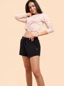 Enamor E078 Mid-Rise Terry Cotton Shorts for Women with Side Pockets and Drawstring