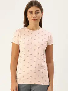 Enamor Women Pink  Black  Slim Fit Floral Printed Round Neck Lounge T-shirt - E247