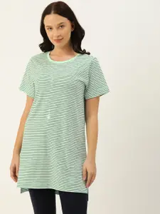 Enamor Women  Green Navy Blue Striped Relaxed Fit Long Length Tunic T-Shirt