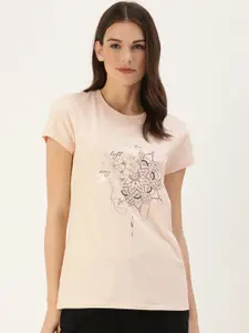 Enamor Women Light Pink  Coffee Brown Floral Print Slim Fit Lounge T-shirt
