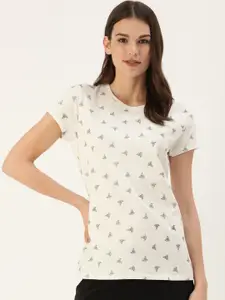 Enamor Women White  Black Slim Fit Floral Printed Round Neck Lounge T-shirt - E247