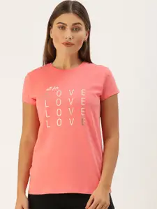 Enamor Women Coral Pink  White Printed Slim Fit Lounge T-shirt