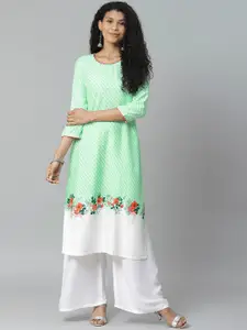 Rangriti Women Sea Green & White Striped Straight Kurta