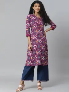 Rangriti Women Purple & White Printed Straight Kurta