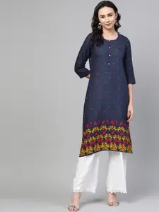 Rangriti Women Navy Blue & Pink Printed Straight Kurta