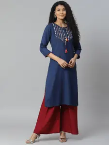 Rangriti Women Navy Blue Woven Design Straight Kurta