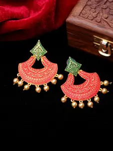 PANASH Gold-Toned & Red Crescent Shaped Drop Earrings