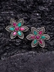 PANASH Silver-Plated Green & Red Floral Studs