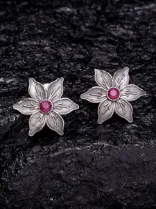 PANASH Silver-Toned & Pink Floral Studs