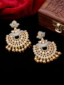 PANASH Gold-Toned & Grey Crescent Shaped Handcrafted Kundan Stones Drop Earrings