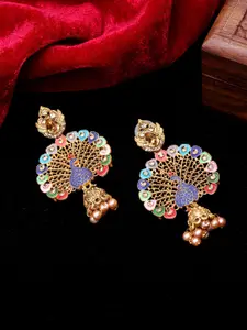 PANASH Gold-Plated & Blue Peacock Shaped Drop Earrings