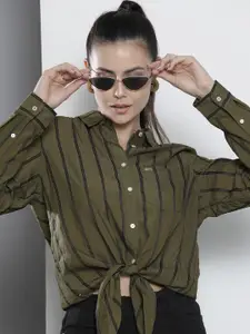 Tommy Hilfiger Women Olive Green & Black Striped Crop Casual Shirt