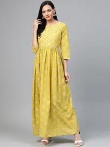 Yuris Yuris Women Mustard Yellow & White Pure Cotton Printed Maxi Dress