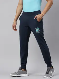 Huetrap Men Navy Blue Solid Straight-Fit Joggers Sustainable with Printed Detail