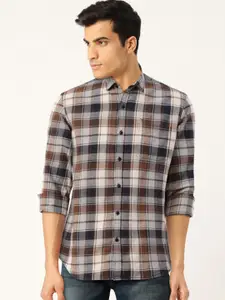 Flying Machine Men Brown & White Slim Fit Checked Casual Shirt