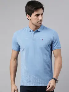 Louis Philippe Jeans Men Blue  White Pure Cotton Striped Polo Collar Pure Cotton T-shirt