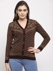 Kalt Women Maroon & Beige Self-Design Acrylic Cardigan Sweater