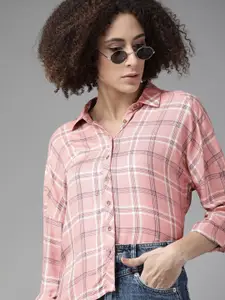 The Roadster Lifestyle Co Women Pink  White Sustainabl EcoVero Tartan Checks Boxy Fit Casual Shirt
