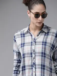 Roadster Women Blue  Off-White Tartan Checks Sustainable Boxy Fit Casual Shirt