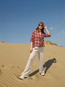 The Roadster Lifestyle Co Women Rust Red  Pink Tartan Checks Casual Shirt