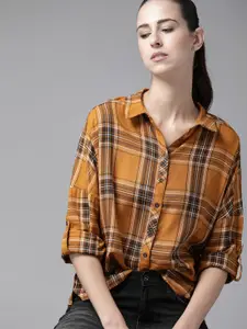 The Roadster Lifestyle Co Women Mustard & Black Tartan Checked Casual Shirt