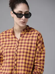 The Roadster Lifestyle Co Women Mustard Yellow  Magenta Tartan Checked Sustainable Boxy Fit Casual Shirt