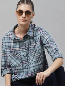 The Roadster Lifestyle Co Women Blue Tartan Checked Boxy Casual Shirt